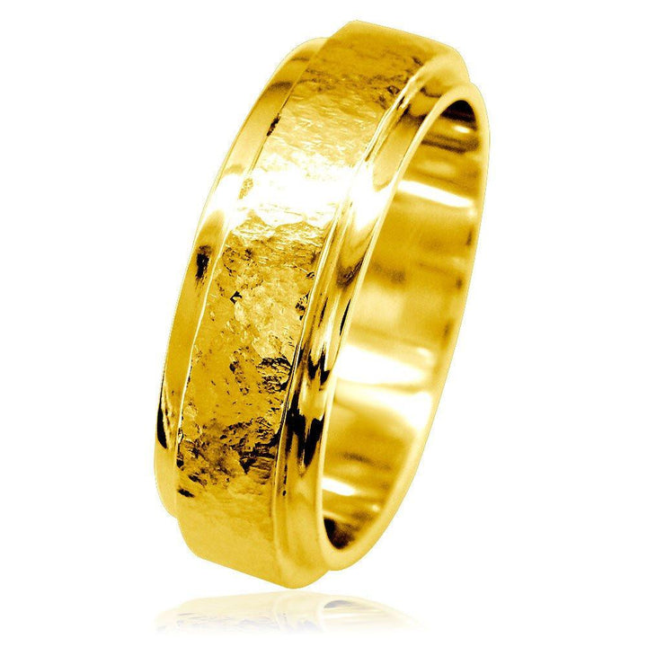 Mens Hammered Flat Edge Wedding Band in 14k Yellow Gold