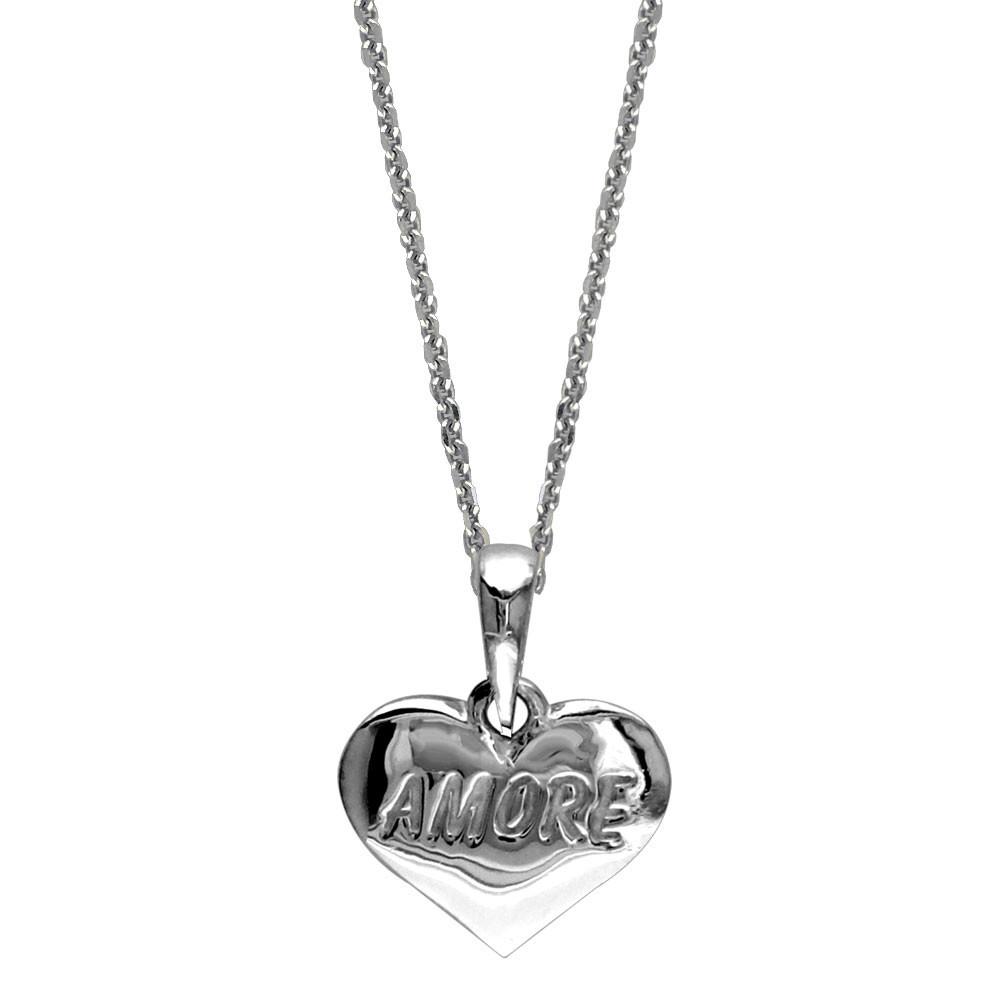 Small Amore Engraved Heart Charm and Chain in Sterling Silver