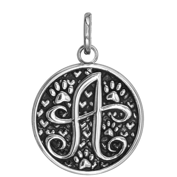 A - Large Solid 925 Sterling Silver with Black Finish Szira Collection Paw and Hearts Monogram Initial A Charm, Pendant, Key Ring, for Dog, Cat or Person