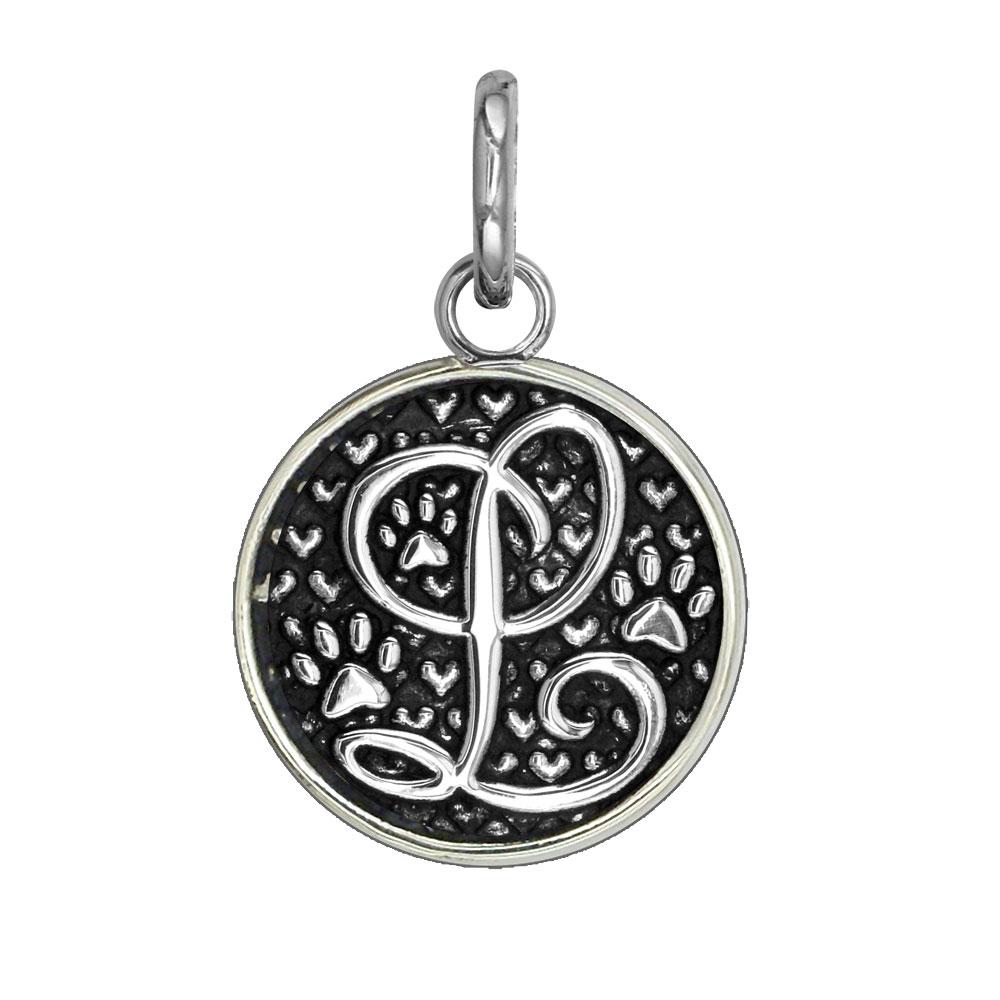 L - Medium Solid 925 Sterling Silver with Black Finish Szira Collection Paw and Hearts Monogram Initial L Charm, Pendant, Key Ring, for Dog, Cat or Person
