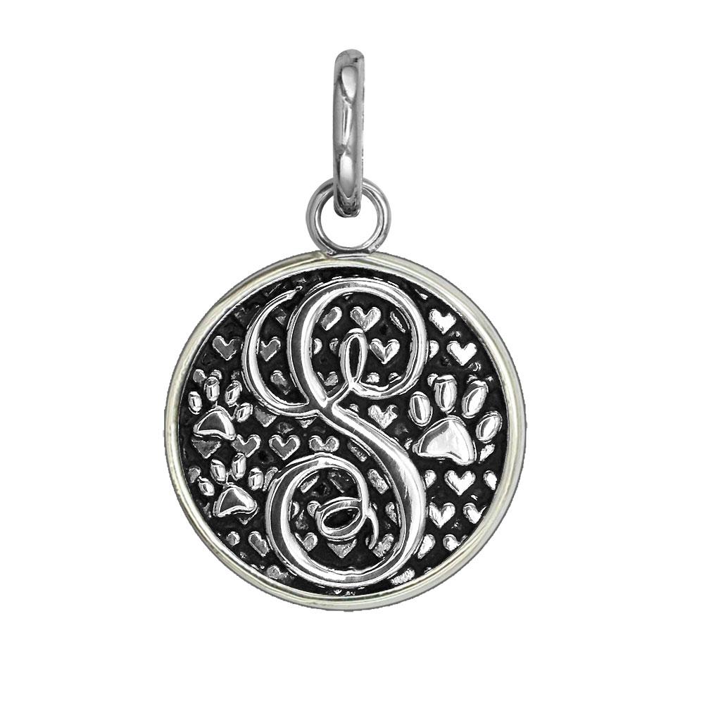 S - Medium Solid 925 Sterling Silver with Black Finish Szira Collection Paw and Hearts Monogram Initial S Charm, Pendant, Key Ring, for Dog, Cat or Person