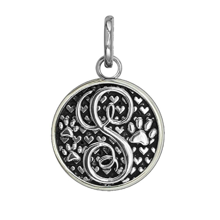 S - Medium Solid 925 Sterling Silver with Black Finish Szira Collection Paw and Hearts Monogram Initial S Charm, Pendant, Key Ring, for Dog, Cat or Person