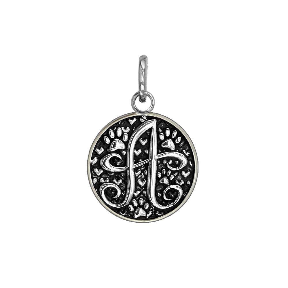 R - Small Solid 925 Sterling Silver with Black Finish Szira Collection Paw and Hearts Monogram Initial R Charm, Pendant, Key Ring, for Dog, Cat or Person