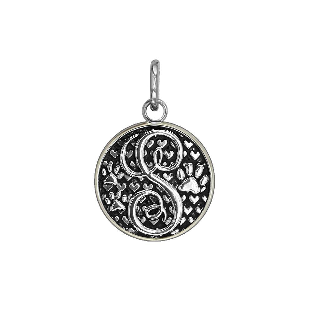 S - Small Solid 925 Sterling Silver with Black Finish Szira Collection Paw and Hearts Monogram Initial S Charm