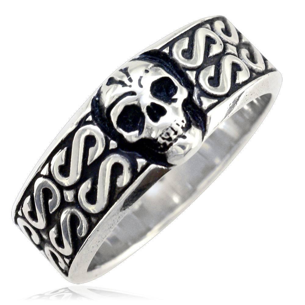 Mens Skull Band with Black, Plain Bottom, 9mm in 14K White Gold