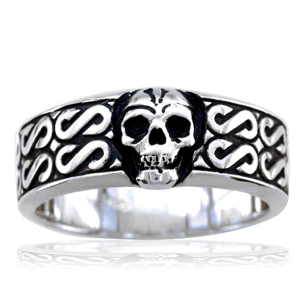 Mens Skull Band with Black, Plain Bottom, 9mm in 14K White Gold