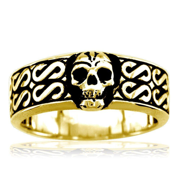 Mens Skull Band with Black, Plain Bottom, 9mm in 14K Yellow Gold