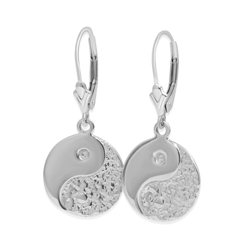 Yin Yang Drop Earrings , Lever Backs , 14K White Gold