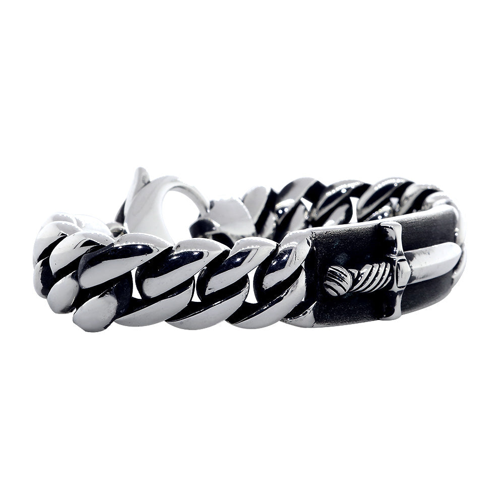 Mens ID Plate and Sword Cuban Link Bracelet in Sterling Silver