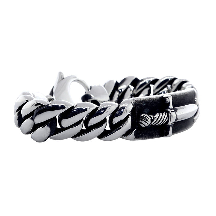 Mens ID Plate and Sword Cuban Link Bracelet in Sterling Silver