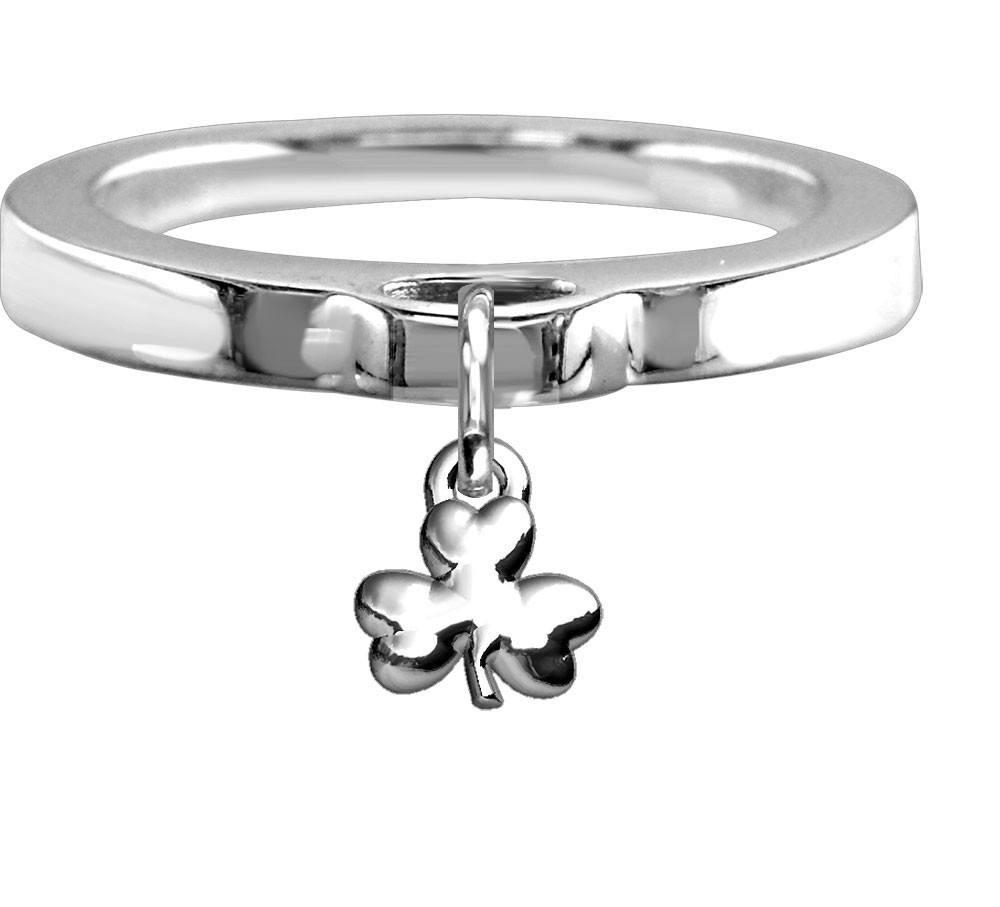 Chubby Shamrock Charm Ring, Flat Band in Sterling Silver