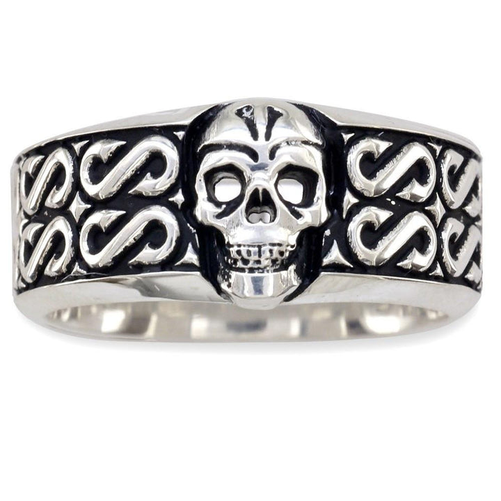 Mens Wide Skull Wedding Band, Ring with S Pattern and Black in Sterling Silver