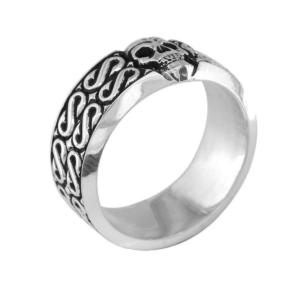Mens Wide Skull Wedding Band, Ring with S Pattern and Black in Sterling Silver