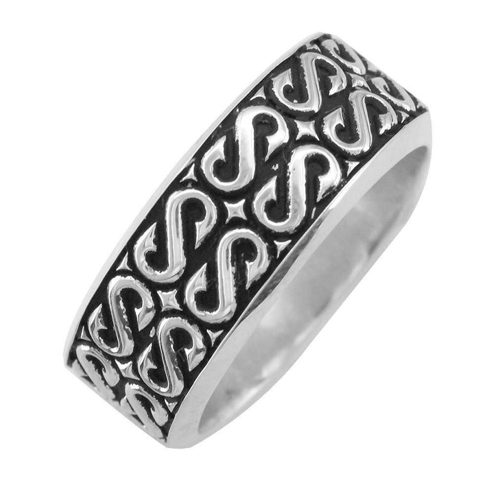 Mens Wide Skull Wedding Band, Ring with S Pattern and Black in Sterling Silver