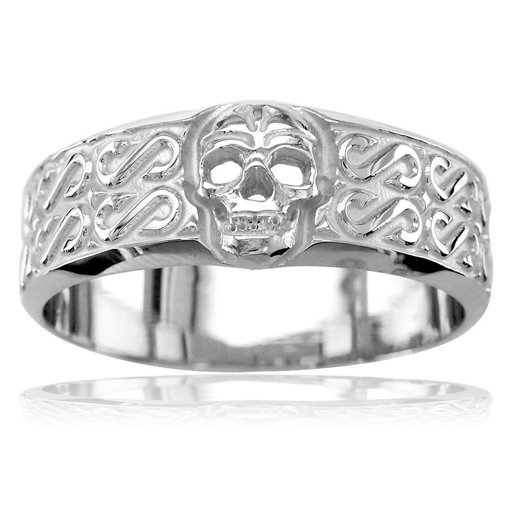 Mens Wide Skull Wedding Band, Ring with S Pattern in 14k White Gold
