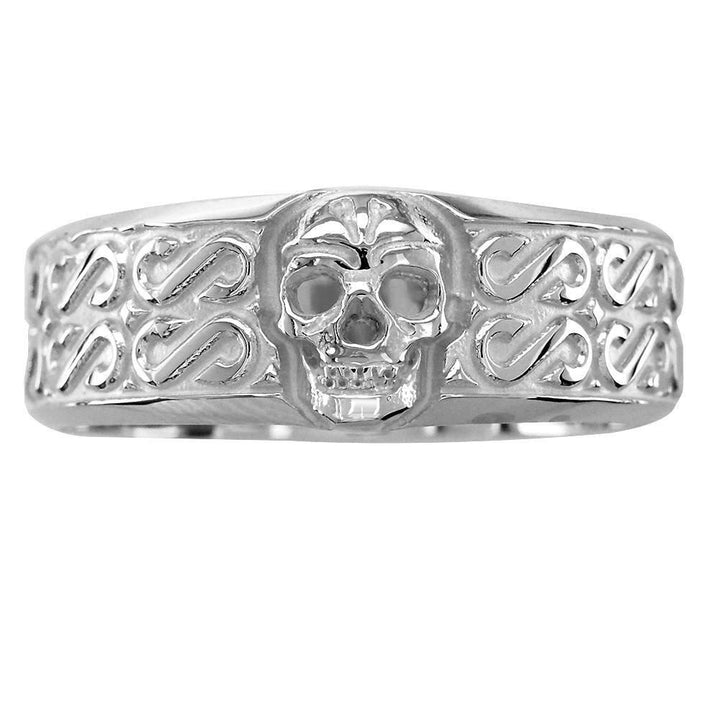Mens Wide Skull Wedding Band, Ring with S Pattern in 14k White Gold