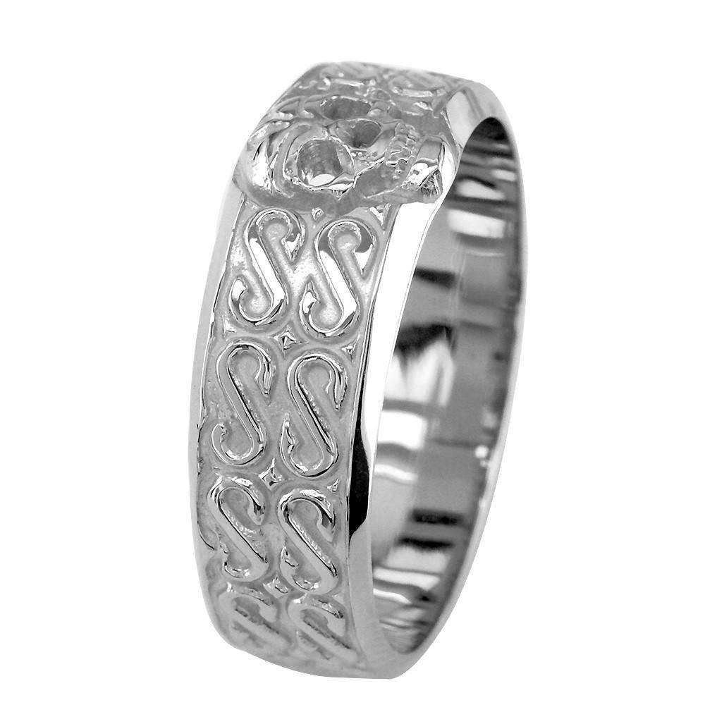 Mens Wide Skull Wedding Band, Ring with S Pattern in 14k White Gold