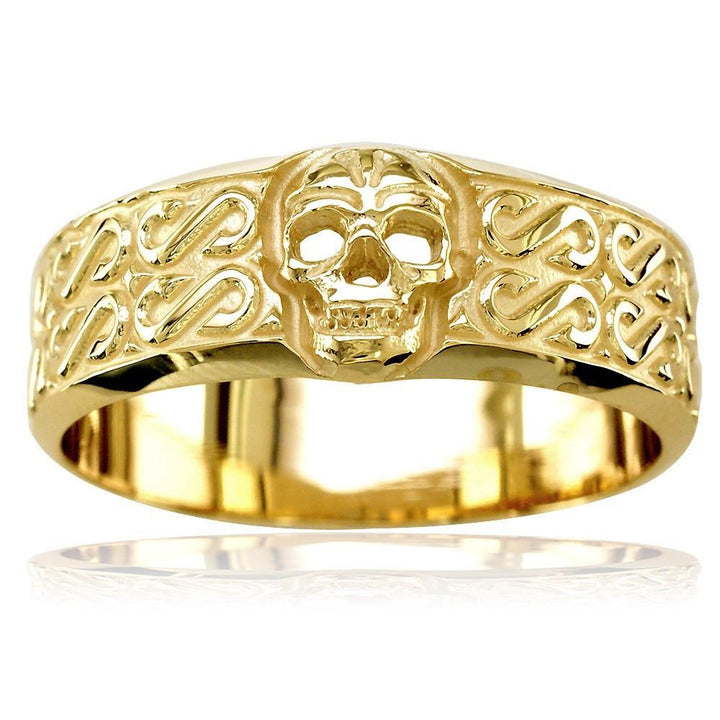 Mens Wide Skull Wedding Band, Ring with S Pattern in 14k Yellow Gold