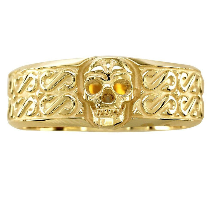 Mens Wide Skull Wedding Band, Ring with S Pattern in 14k Yellow Gold