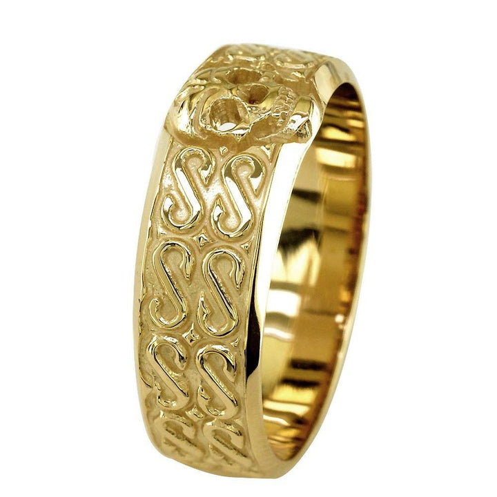 Mens Wide Skull Wedding Band, Ring with S Pattern in 14k Yellow Gold