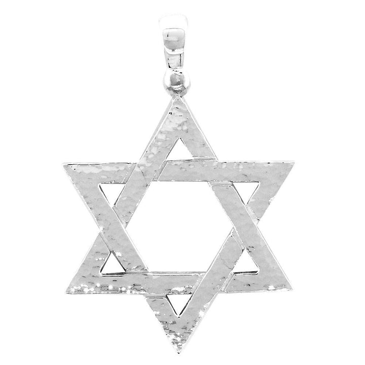 Mens Hammered Finish Extra Large Sharp Jewish Star of David Charm in 14K White Gold