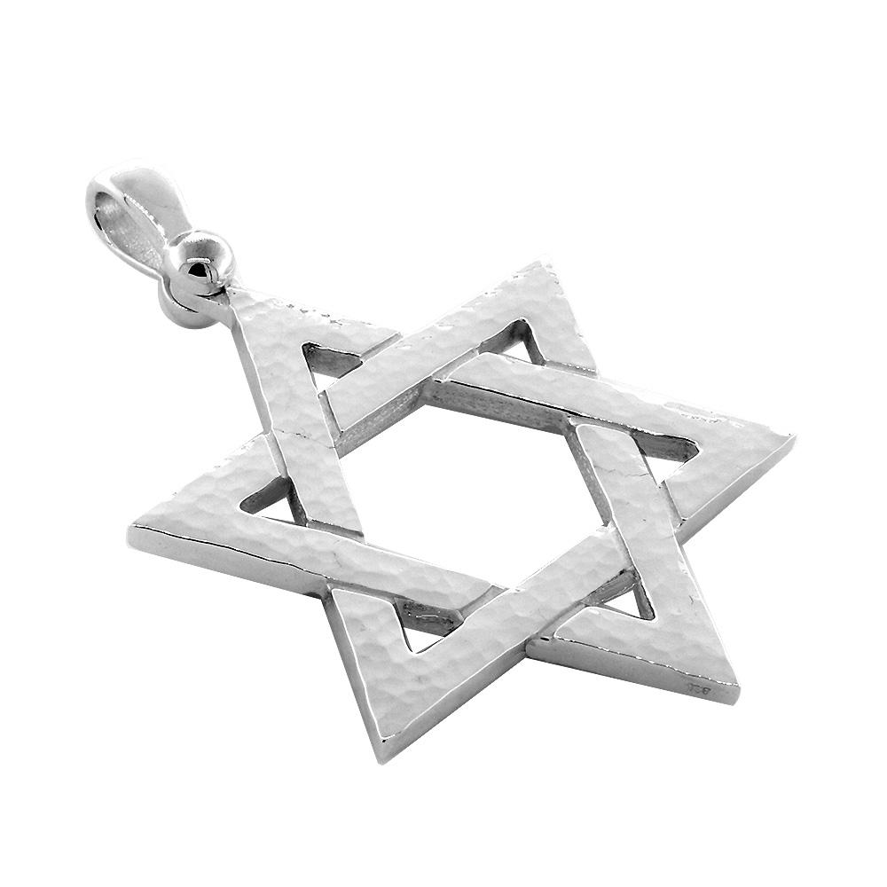 Mens Hammered Finish Extra Large Sharp Jewish Star of David Charm in 14K White Gold