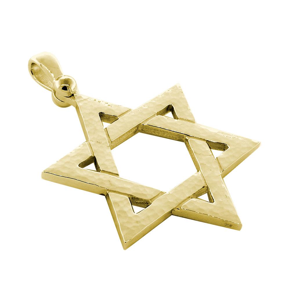 Mens Hammered Finish Extra Large Sharp Jewish Star of David Charm in 14K Yellow Gold