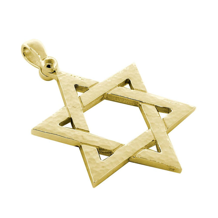 Mens Hammered Finish Extra Large Sharp Jewish Star of David Charm in 14K Yellow Gold