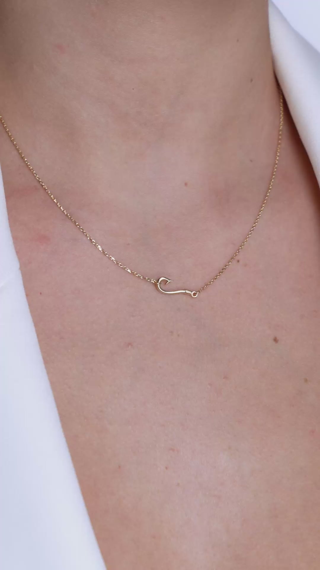 12mm Fishermans Barbed Hook and Knot Fishing Charm Necklace 16.5 Inches in 14k Yellow Gold