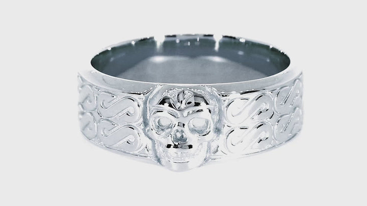 Mens Wide Skull Wedding Band, Ring with S Pattern in 14k White Gold