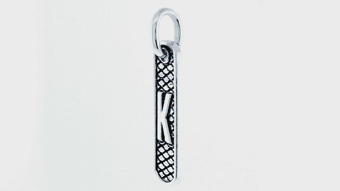 Slim Tag Charm with Initial and Python Texture, Shiny Back in 14k White Gold