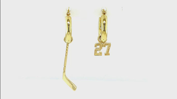 15mm Hoop Earrings with Any Jersey Number Charm and Left Handed Hockey Stick Charm in 14k White Gold