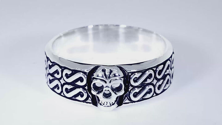 Mens Wide Skull Wedding Band, Ring with S Pattern and Black in Sterling Silver