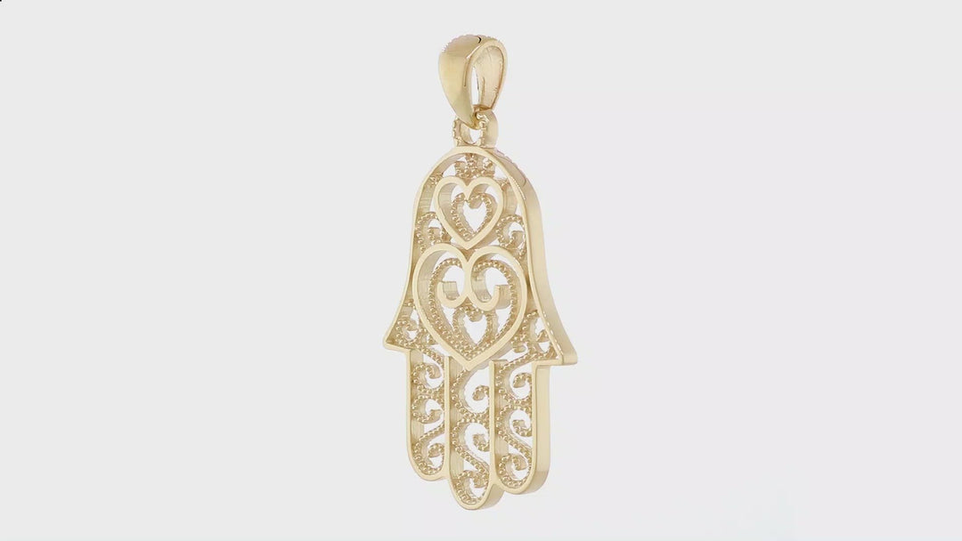 30mm Thin Double-sided Vintage Hearts Hamsa, Hand of God Charm, 2 Levels in 14K Yellow Gold