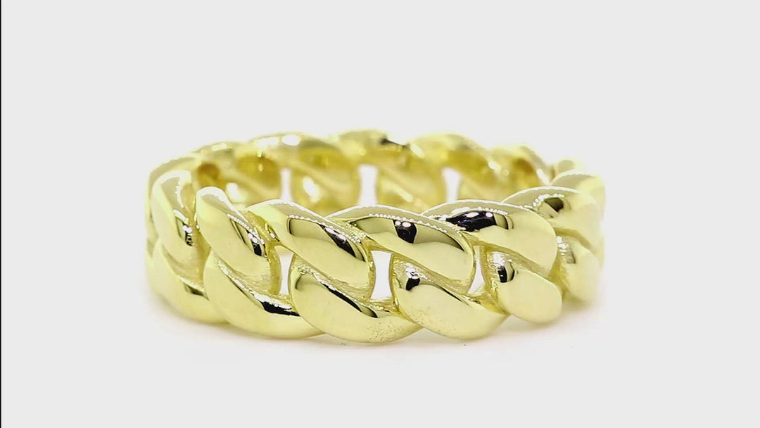 Mens Solid Cuban Link Band, 7.5 mm Wide, 3 mm Thick in 14K Yellow Gold