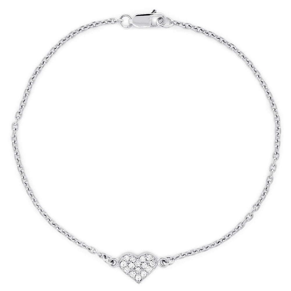 14K White Gold Diamond Heart Bracelet, 0.15CT, 7 Inch