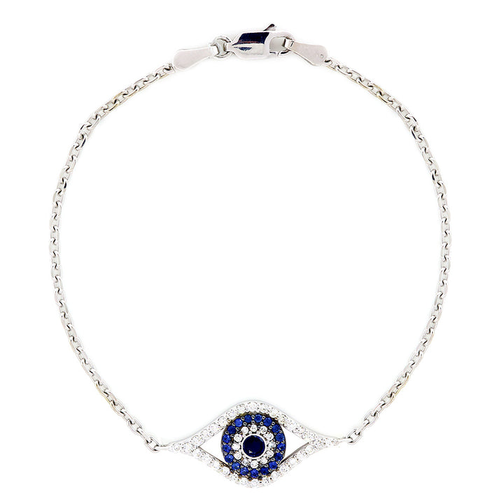 Diamond and Blue Sapphire Evil Eye Bracelet, 24mm Eye Width, 7 Inch in 14k White Gold