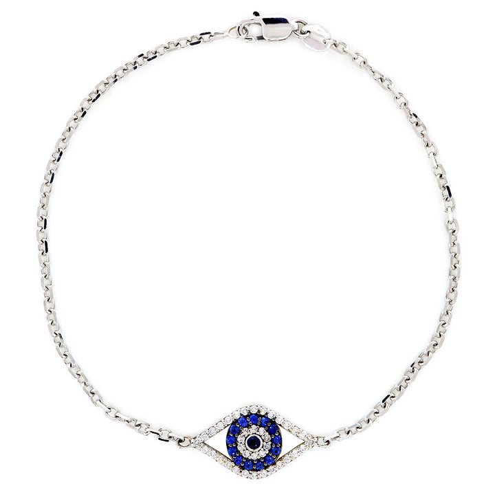 Diamond and Blue Sapphire Evil Eye Bracelet, 7 Inch in 14k White Gold