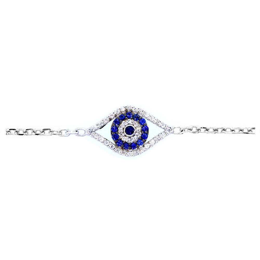 Diamond and Blue Sapphire Evil Eye Bracelet, 7 Inch in 14k White Gold