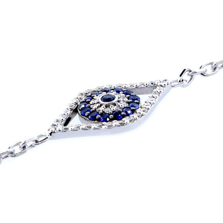Diamond and Blue Sapphire Evil Eye Bracelet, 7 Inch in 14k White Gold