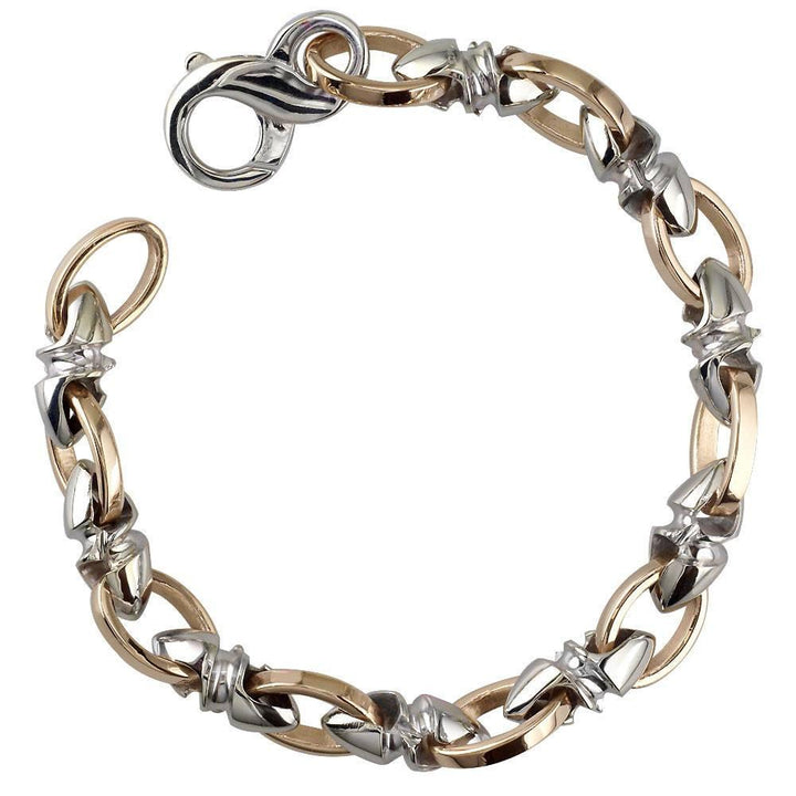 Mens Medium Size Twisted Bullet Style Link and Open Oval Links Bracelet in 14k White and Pink Gold, 8.5 Inches