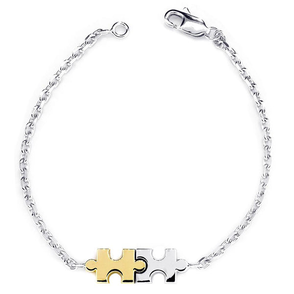 Small Size Charms Two Tone Autism Puzzle Piece Bracelet in 14k White and Yellow Gold