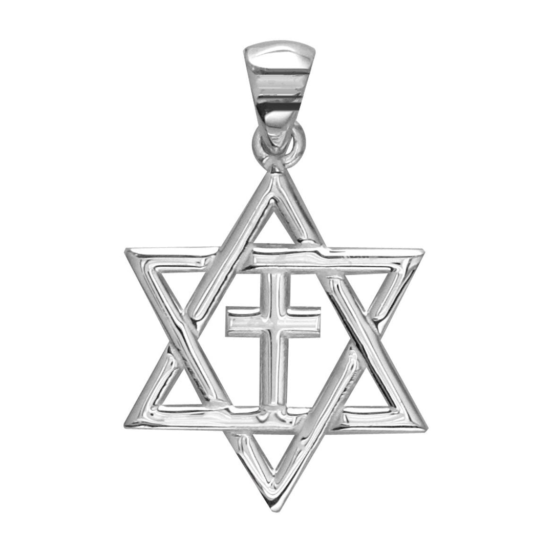 Small Messianic Star of David with Cross Charm in 14k White Gold