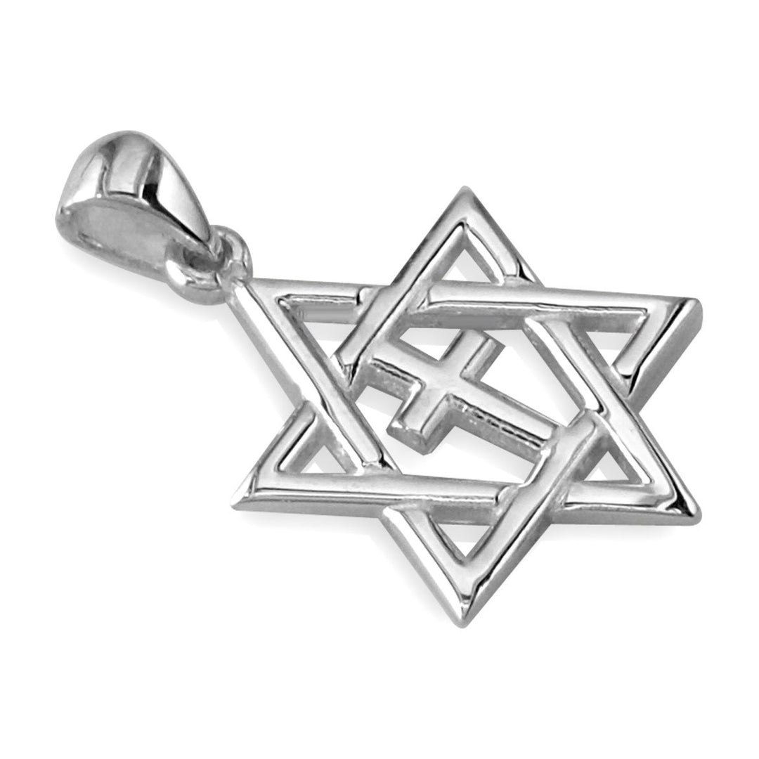 Small Messianic Star of David with Cross Charm in 14k White Gold