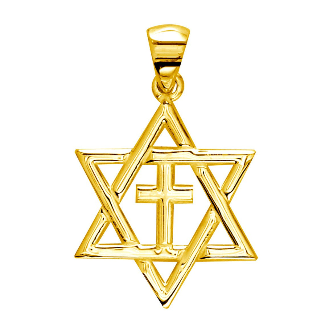 Small Messianic Star of David with Cross Charm in 14k Yellow Gold