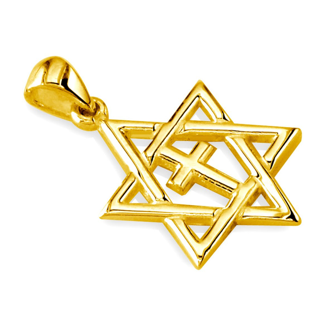 Small Messianic Star of David with Cross Charm in 14k Yellow Gold