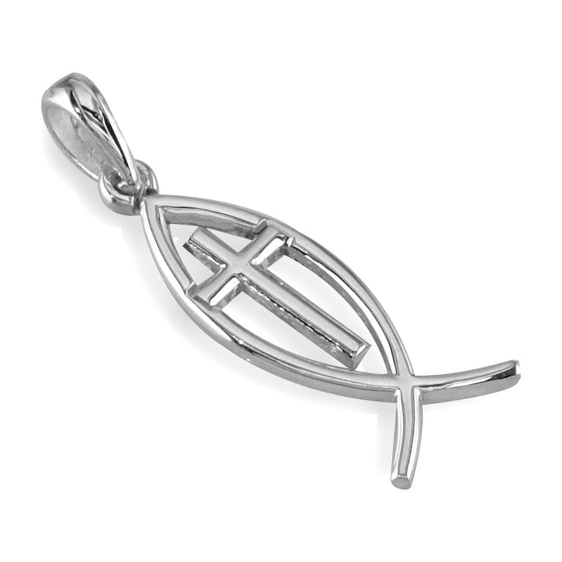 Small Messianic Fish with Cross Charm in Sterling Silver