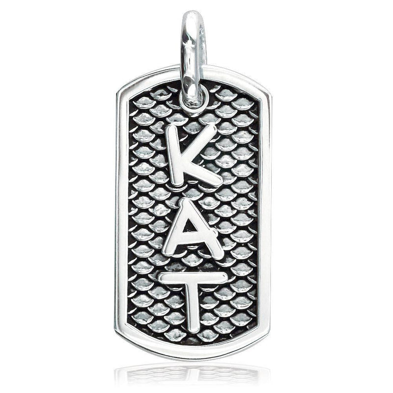 Custom Name Dog Tag Charm with Black and Reptile Texture, Kat in Sterling Silver