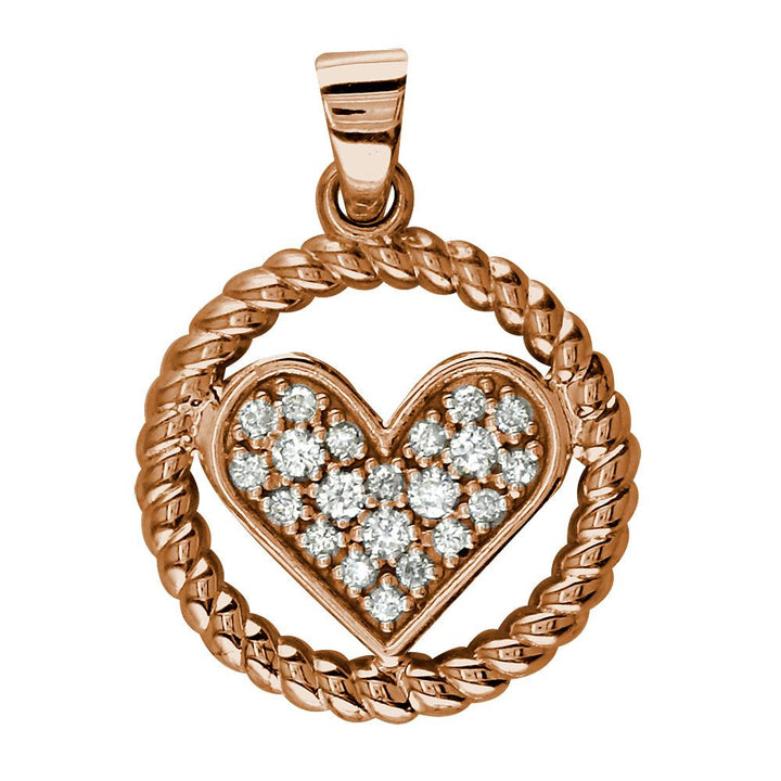 Cubic Zirconia Heart and Rope Circle Pendant in 14K Pink, Rose Gold