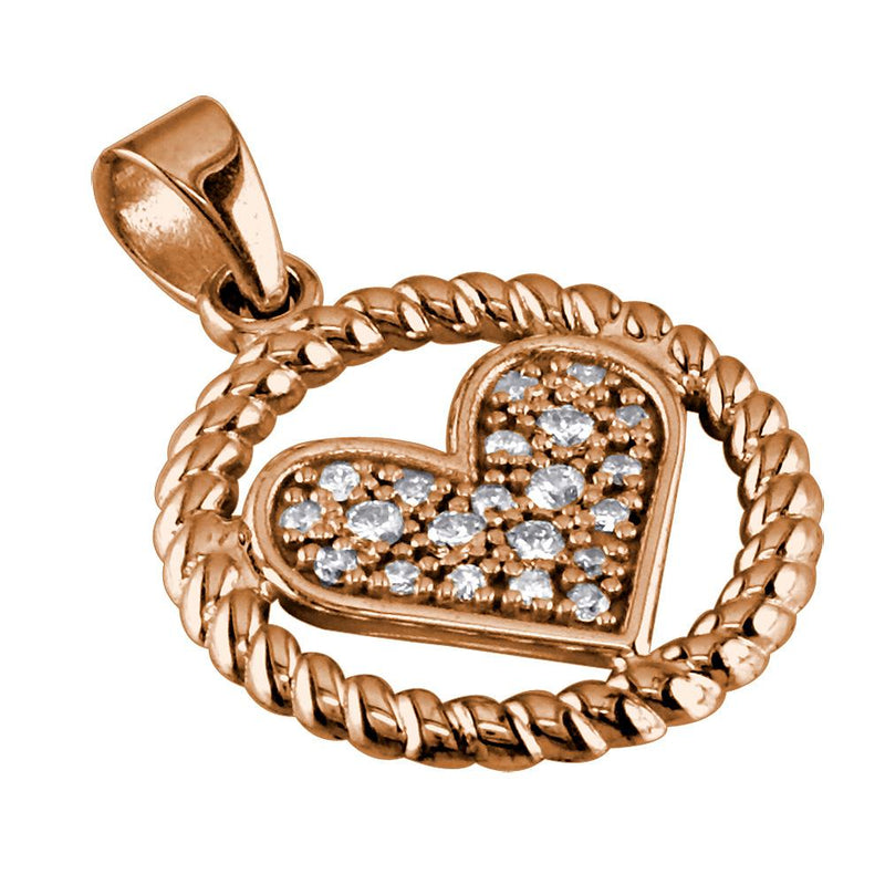 Diamond Heart and Rope Circle Pendant in 14K Pink, Rose Gold